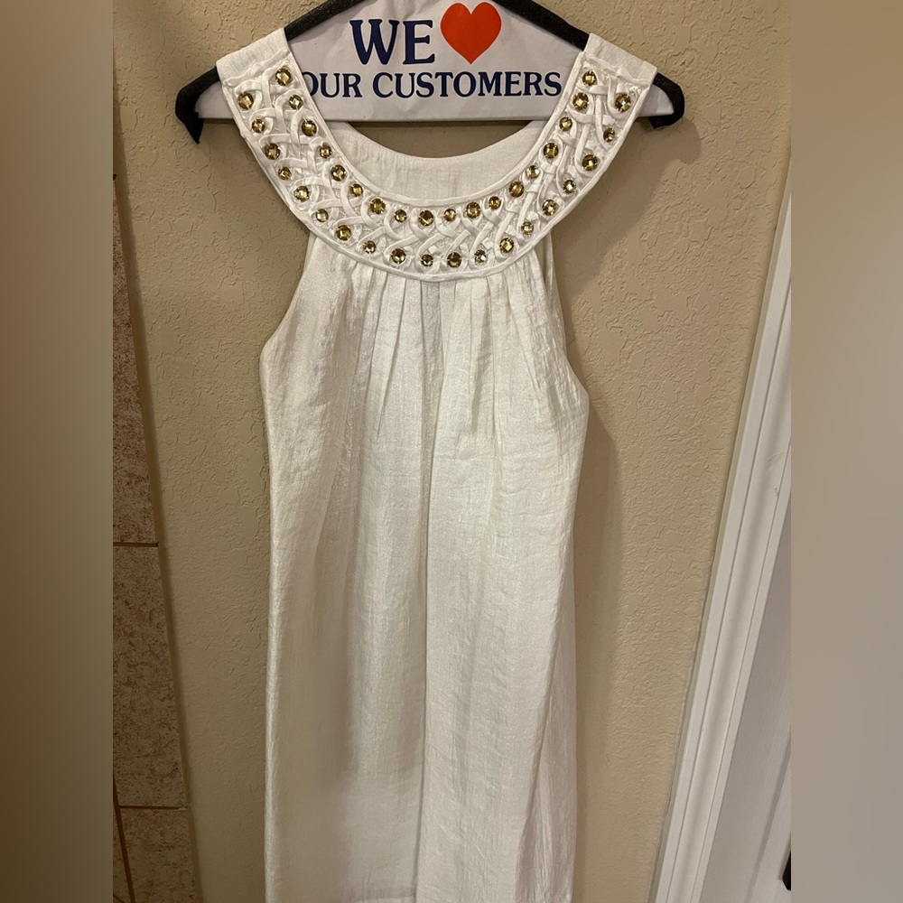 Ivory with gold beaded detailing semi formal dress